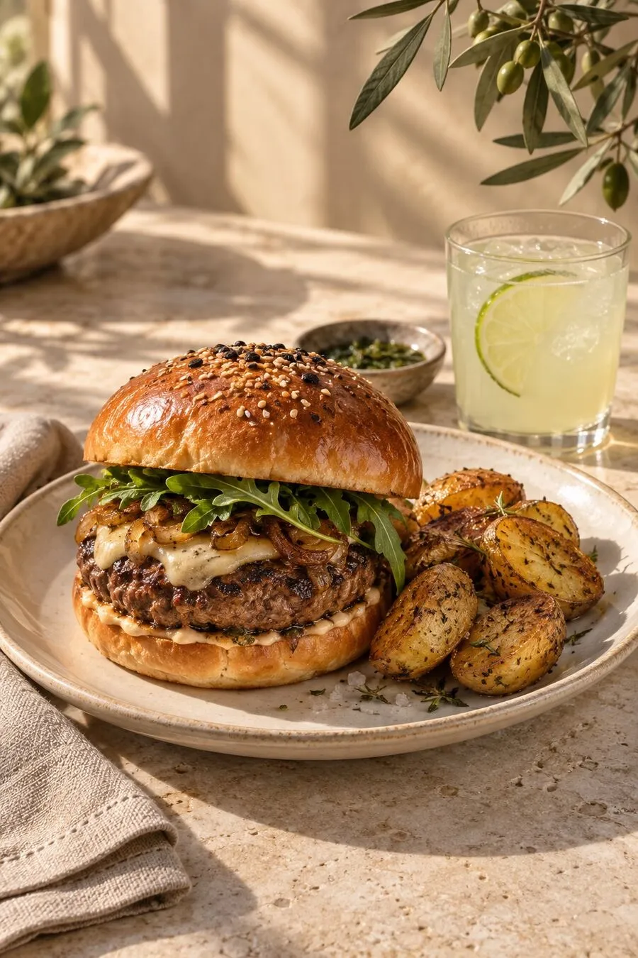 Hamburguesa artesanal con papas sobre una mesa de piedra a la luz de la mañana